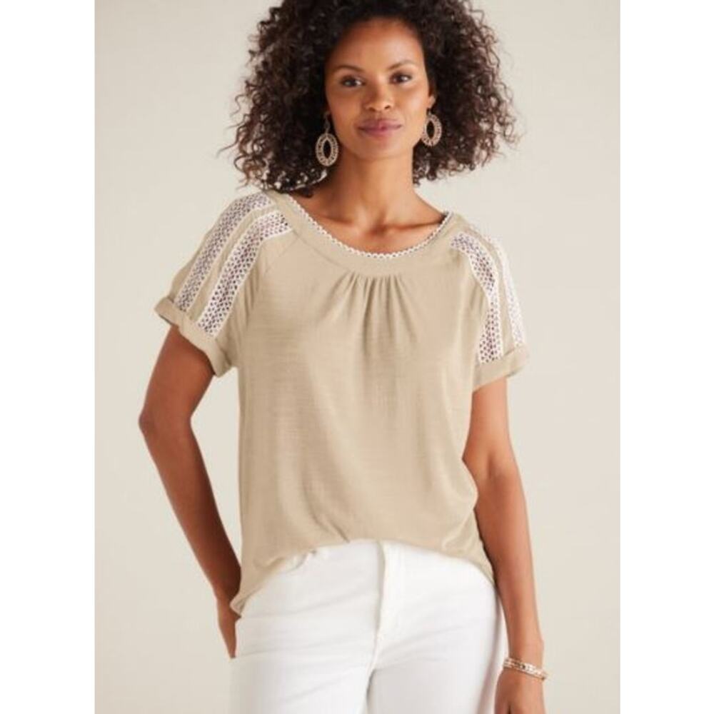 Soft Surroundings Halle Top Womens Size 3X Beige Short Sleeve Lace Blouse